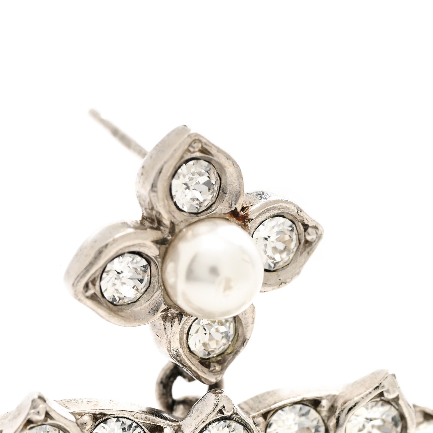 Metal Pearl Crystal CC Flower Drop Earrings Silver