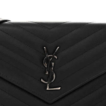 Saint Laurent Grain De Poudre Matelasse Chevron Monogram Monochrome Envelope Chain Wallet Black 8 of 18