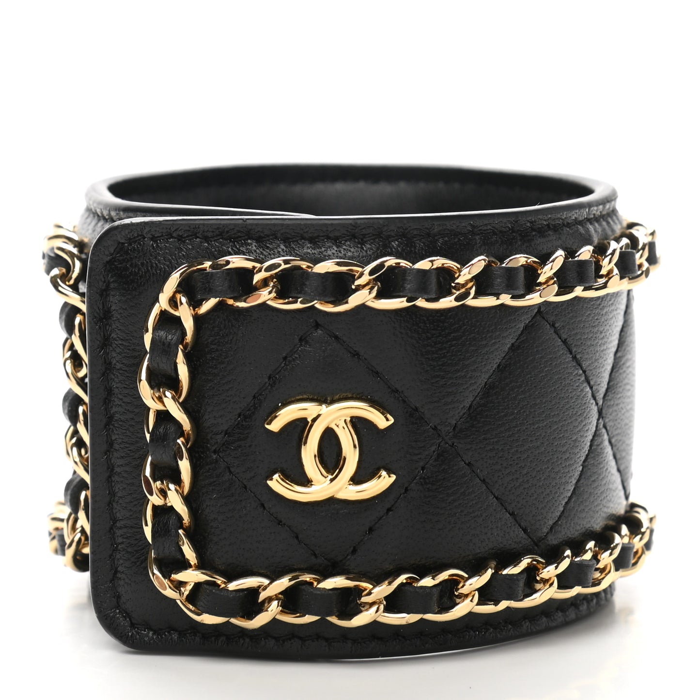 Lambskin Quilted Flap Card Holder With Cuff Black