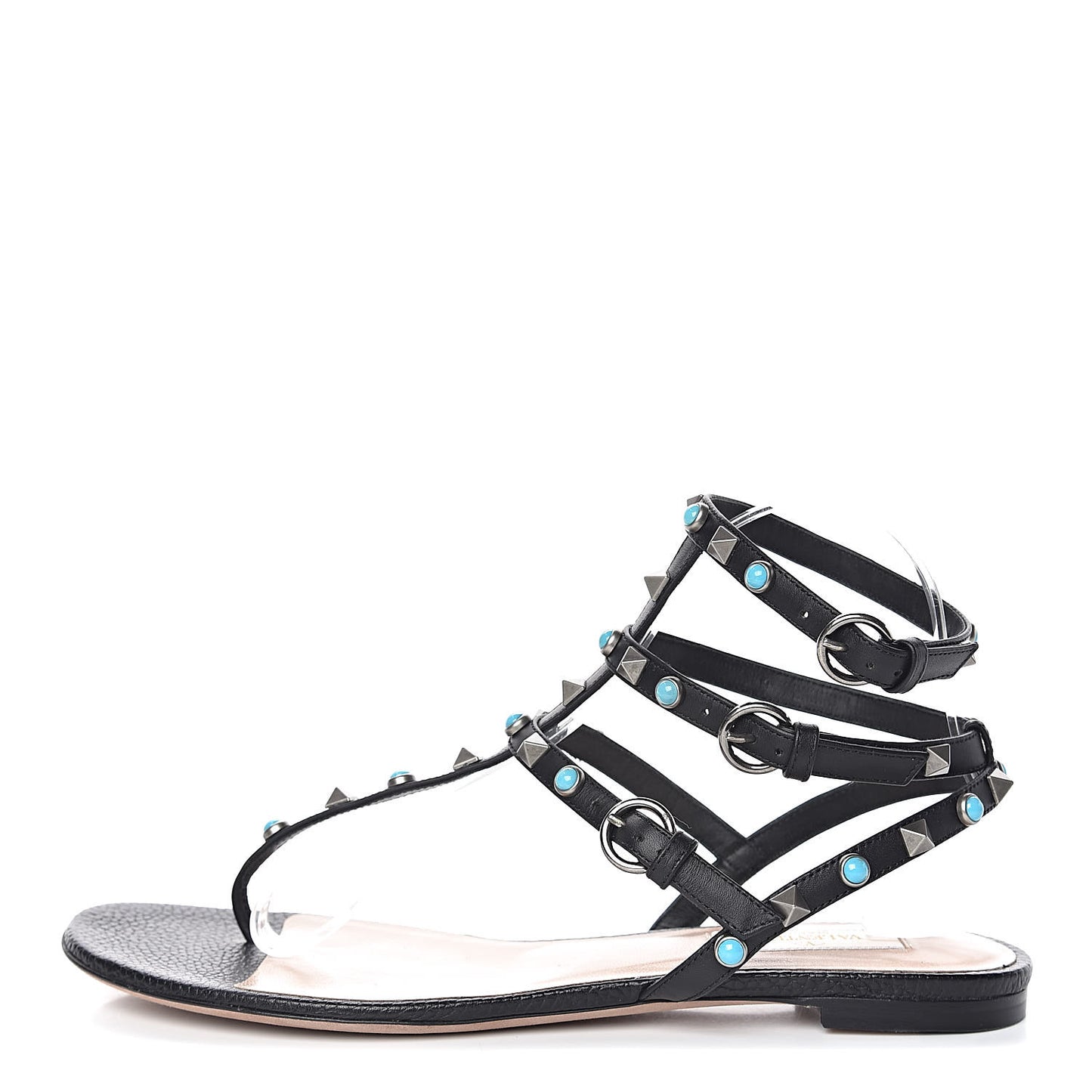 Pebbled Calfskin Rockstud Rolling Ankle Wrap Flat Thong Sandals 39.5 Black