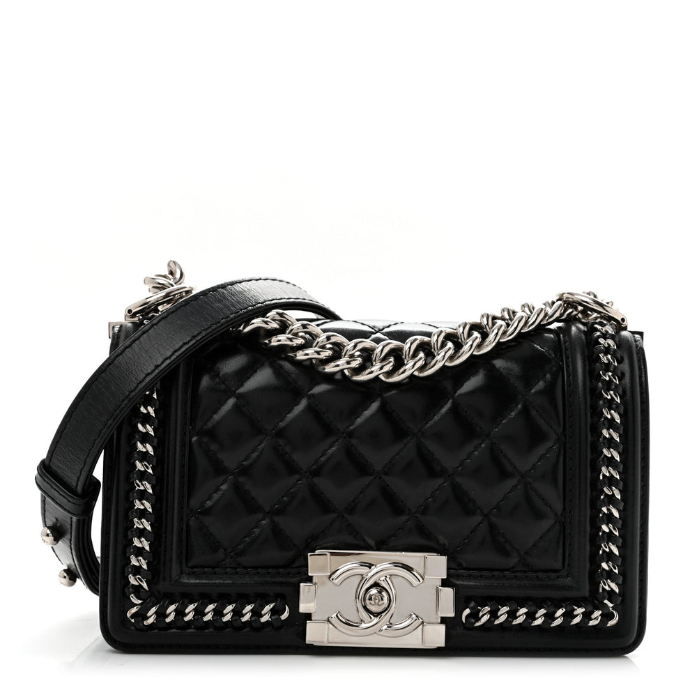 Chanel Glazed Calfskin Quilted Small Chain Around Boy Flap Black ...