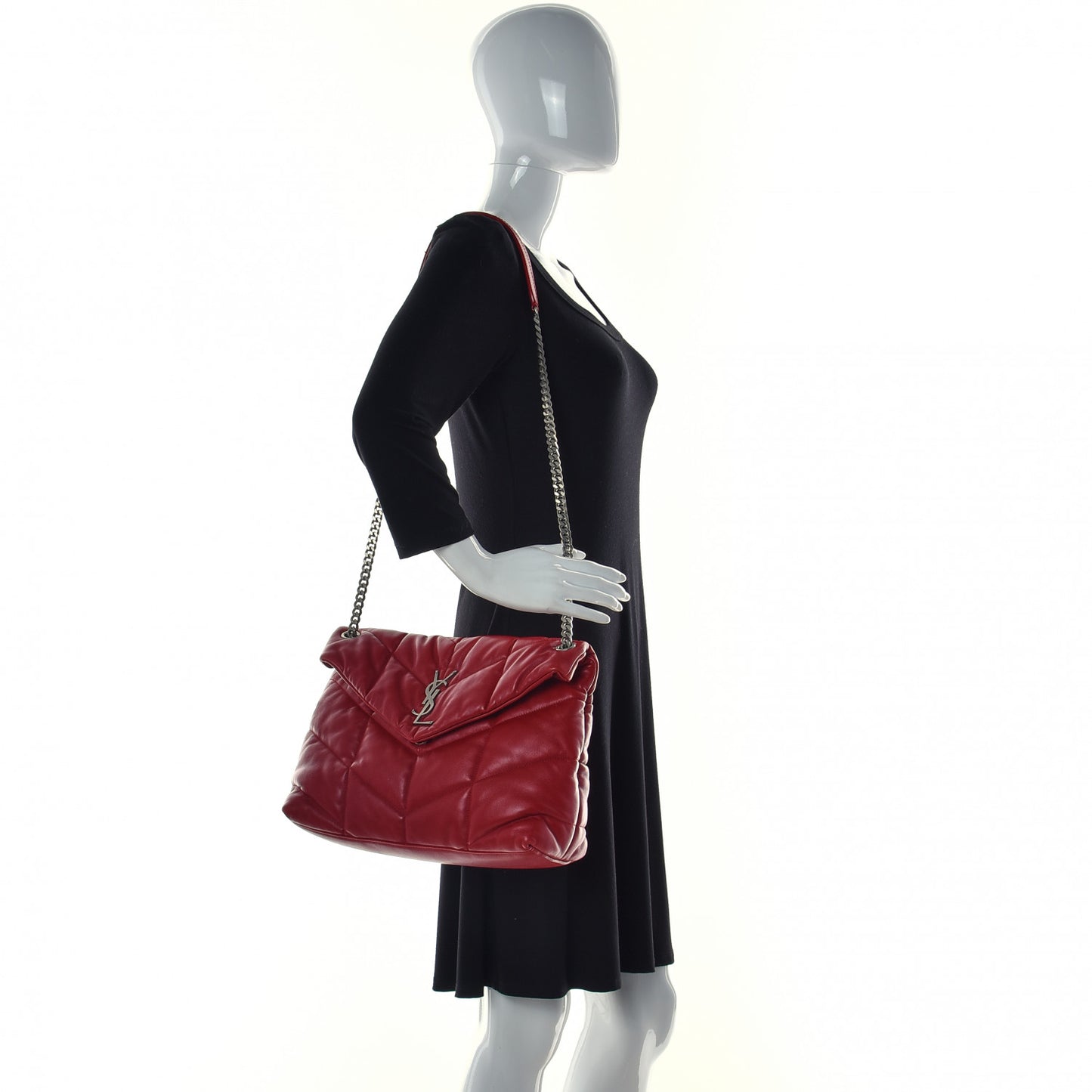 Lambskin Quilted Medium Loulou Puffer Monogram Chain Satchel Red