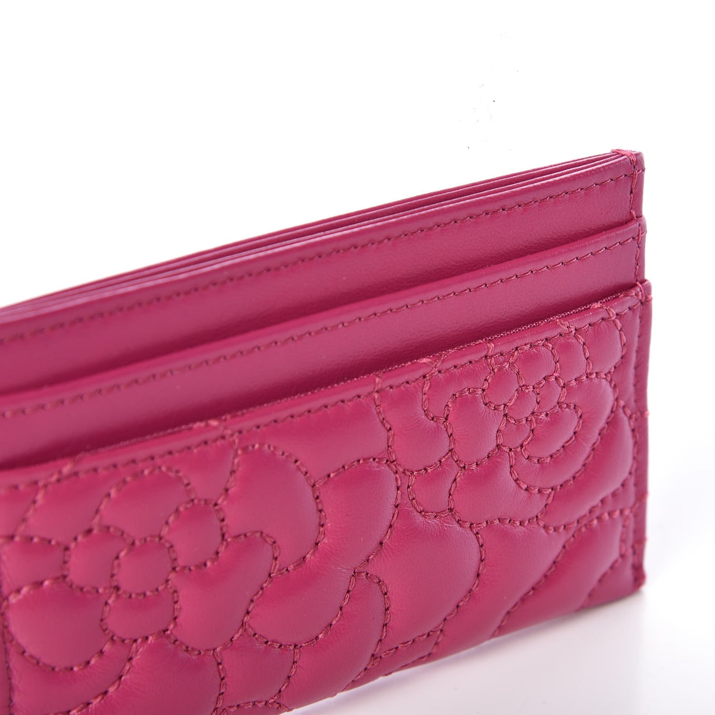 Lambskin Camellia Embossed Card Holder Fuchsia