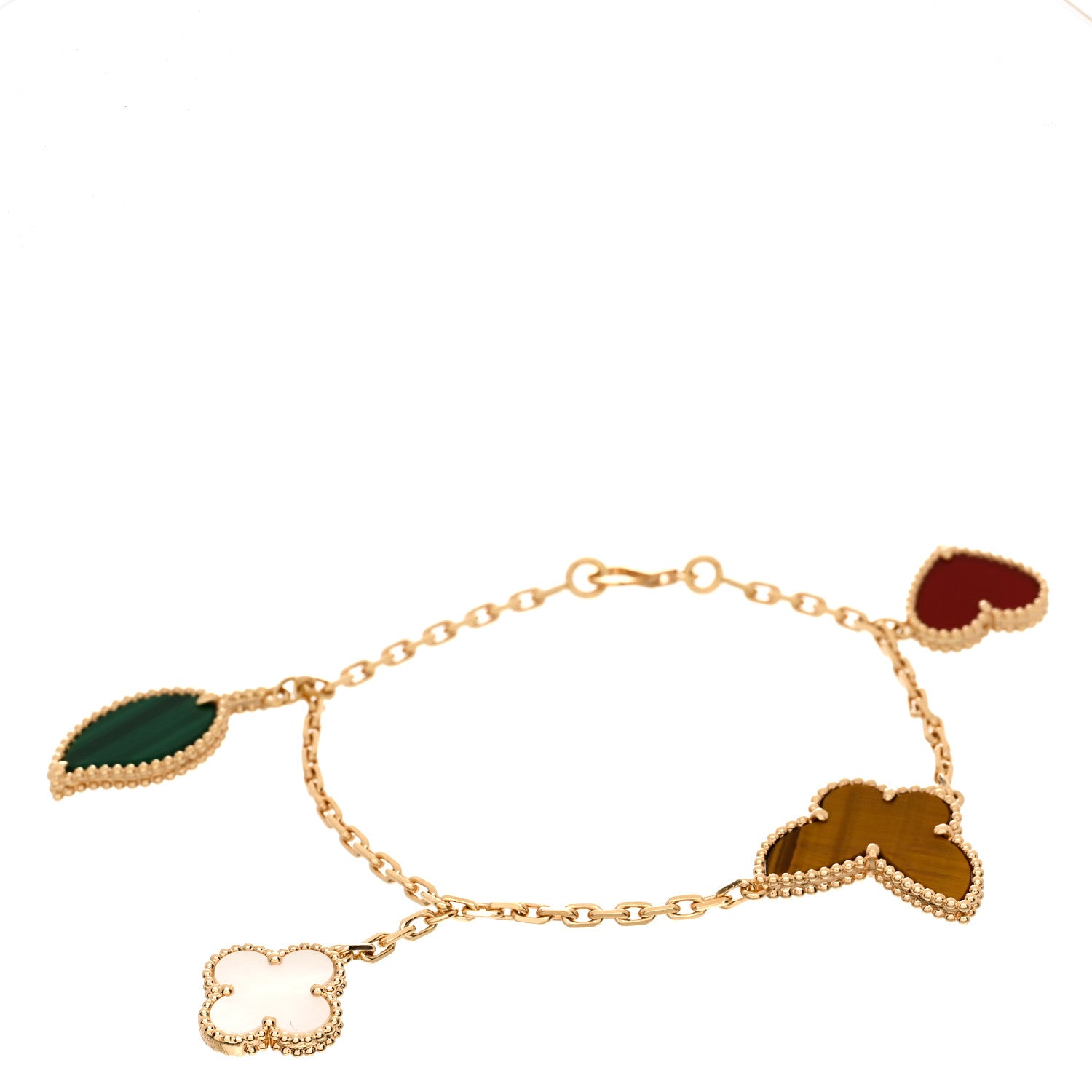 Van Cleef & Arpels 18K Yellow Gold Mother of Pearl Malachite Carnelian Tiger Eye 4 Motifs Lucky Alhambra Bracelet 1 of 4