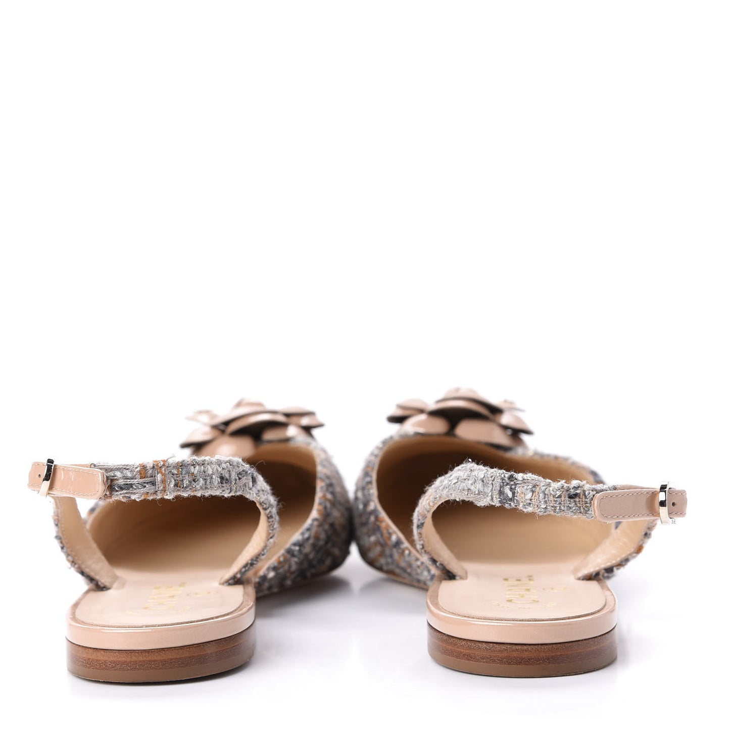Tweed Patent Camellia Toe CC Slingback Pumps 39.5 Beige Gray