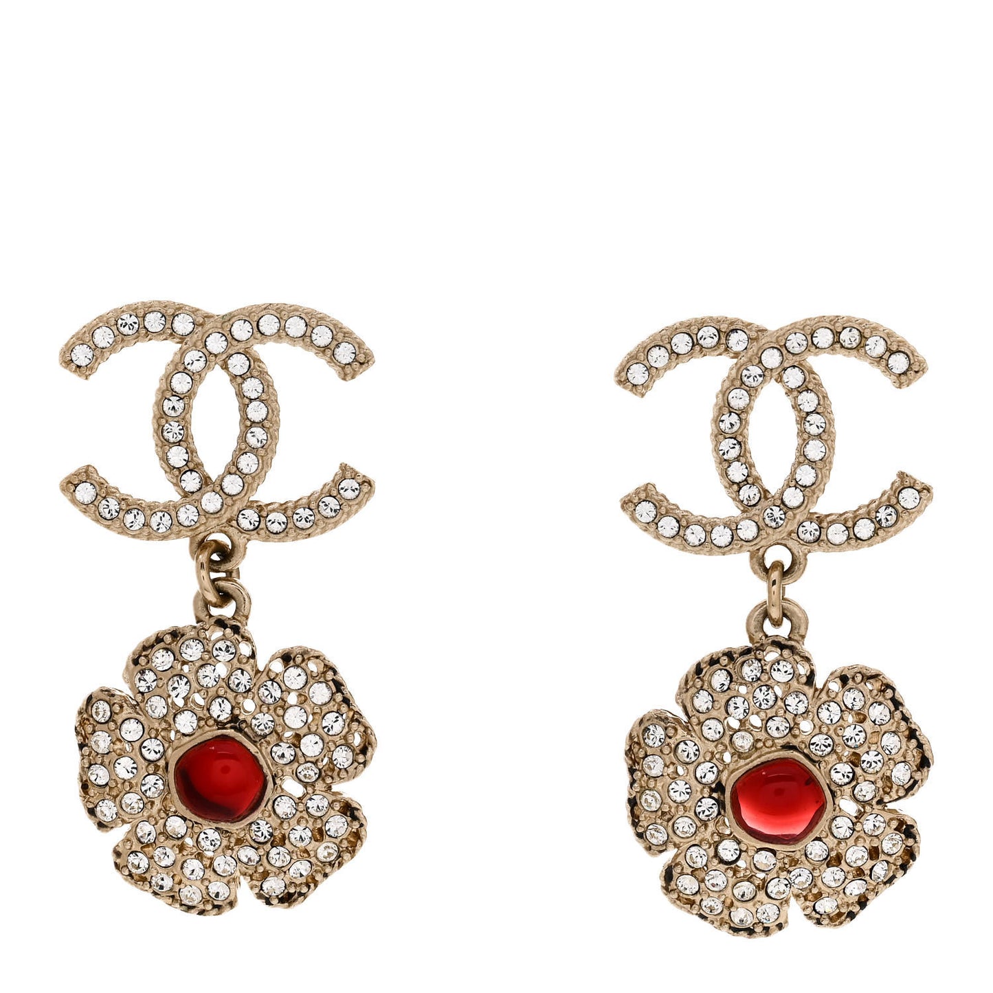 Crystal Pearl Camellia CC Drop Earrings Gold Red