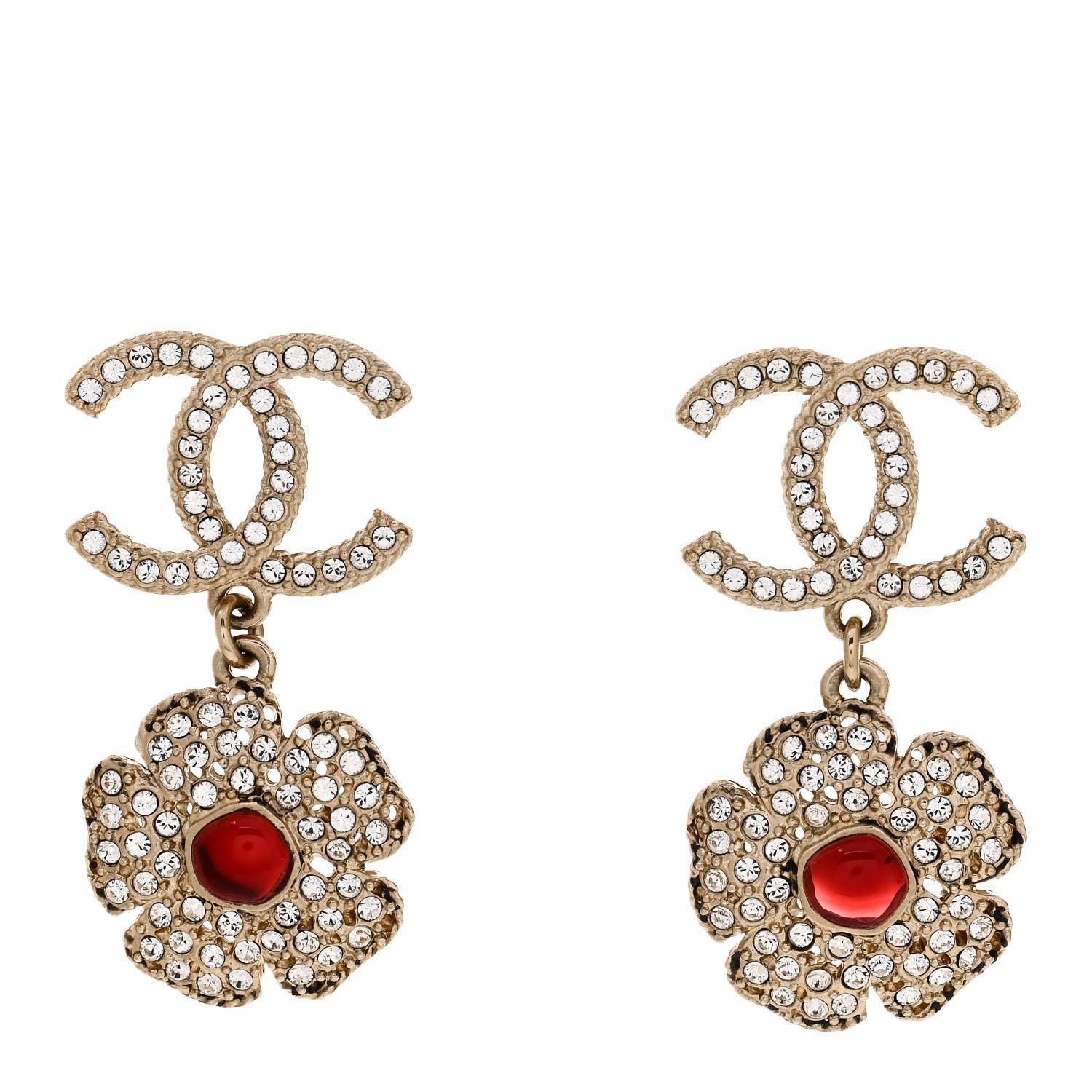 Chanel Crystal Pearl Camellia CC Drop Earrings Gold Red 1 of 4