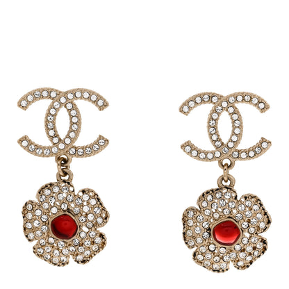 Chanel Crystal Pearl Camellia CC Drop Earrings Gold Red 1 of 4