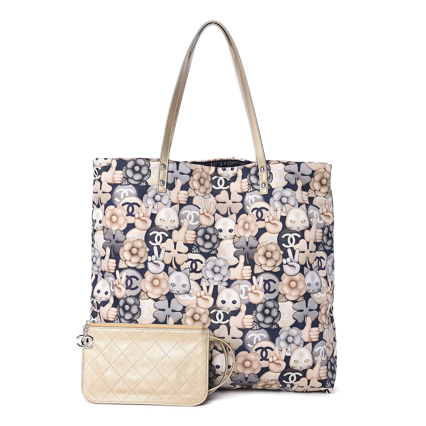 Nylon Cat Emoticon Tote Navy Gold