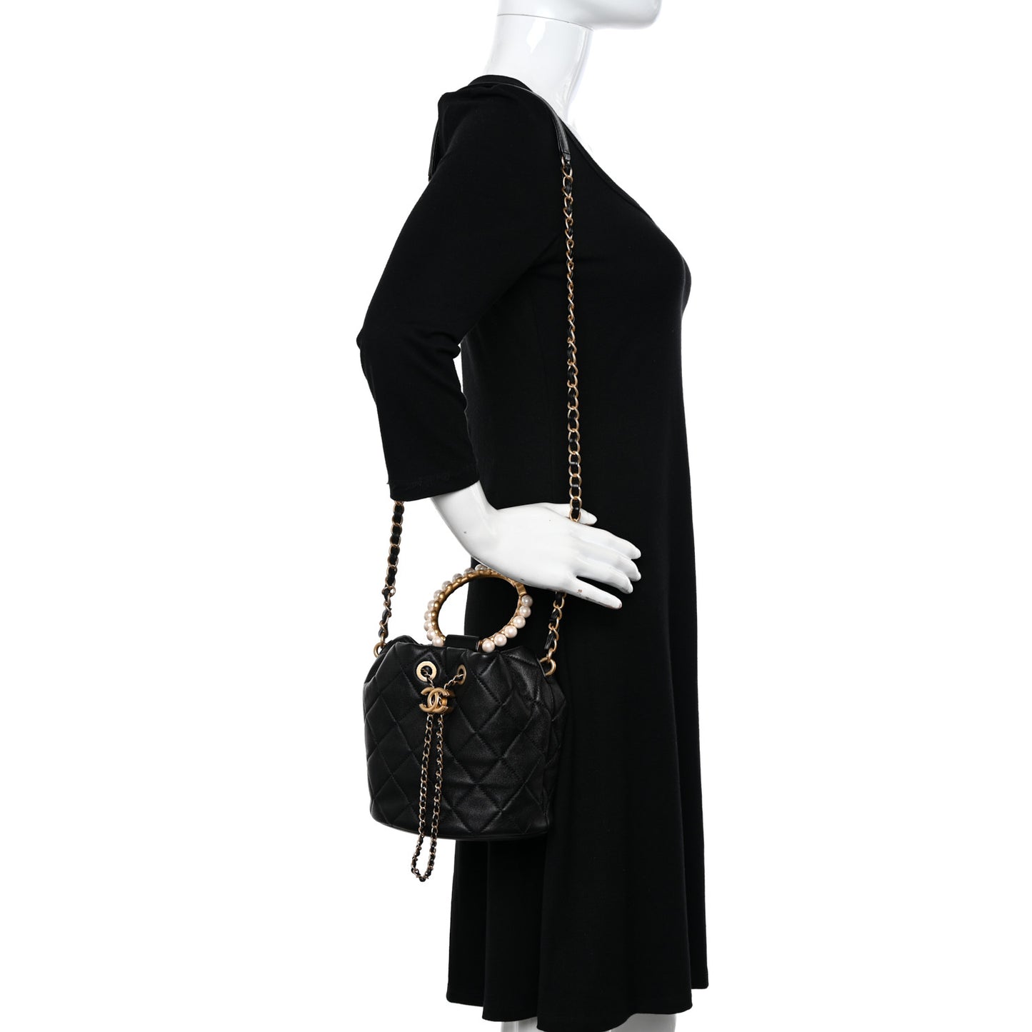 Lambskin Quilted Pearl Crown Drawstring Bag Black