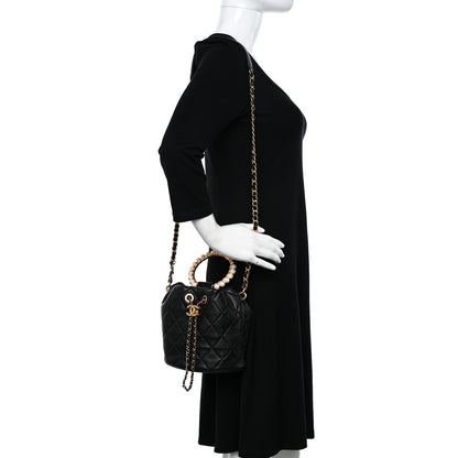 Chanel Lambskin Quilted Pearl Crown Drawstring Bag Black 2 of 10