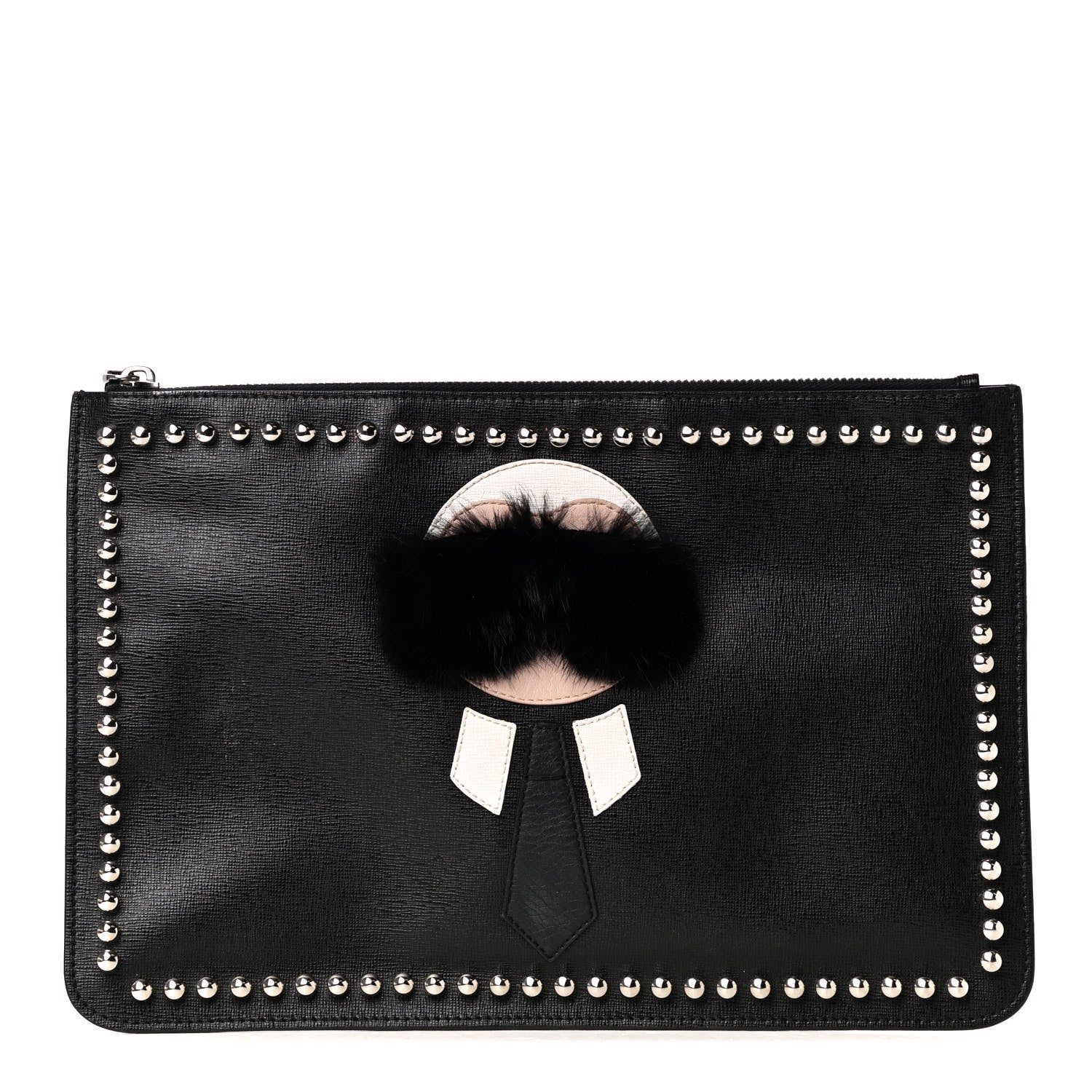 Fendi Vitello Elite Flamingo Mink Karlito Studded Pouch Black White Plaster 1 of 4
