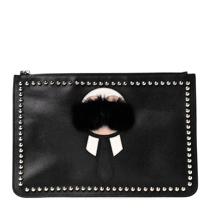 Fendi Vitello Elite Flamingo Mink Karlito Studded Pouch Black White Plaster 1 of 4