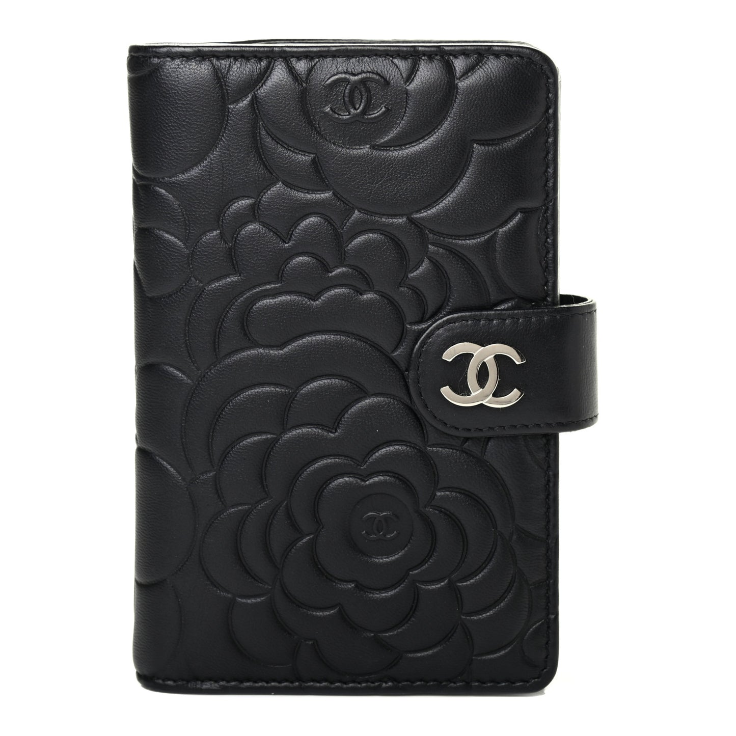 Lambskin Camellia Embossed Zipped Pocket Wallet Black