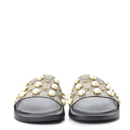Gucci GG Supreme Monogram Pearls Slide Sandals 38 Beige 2 of 13