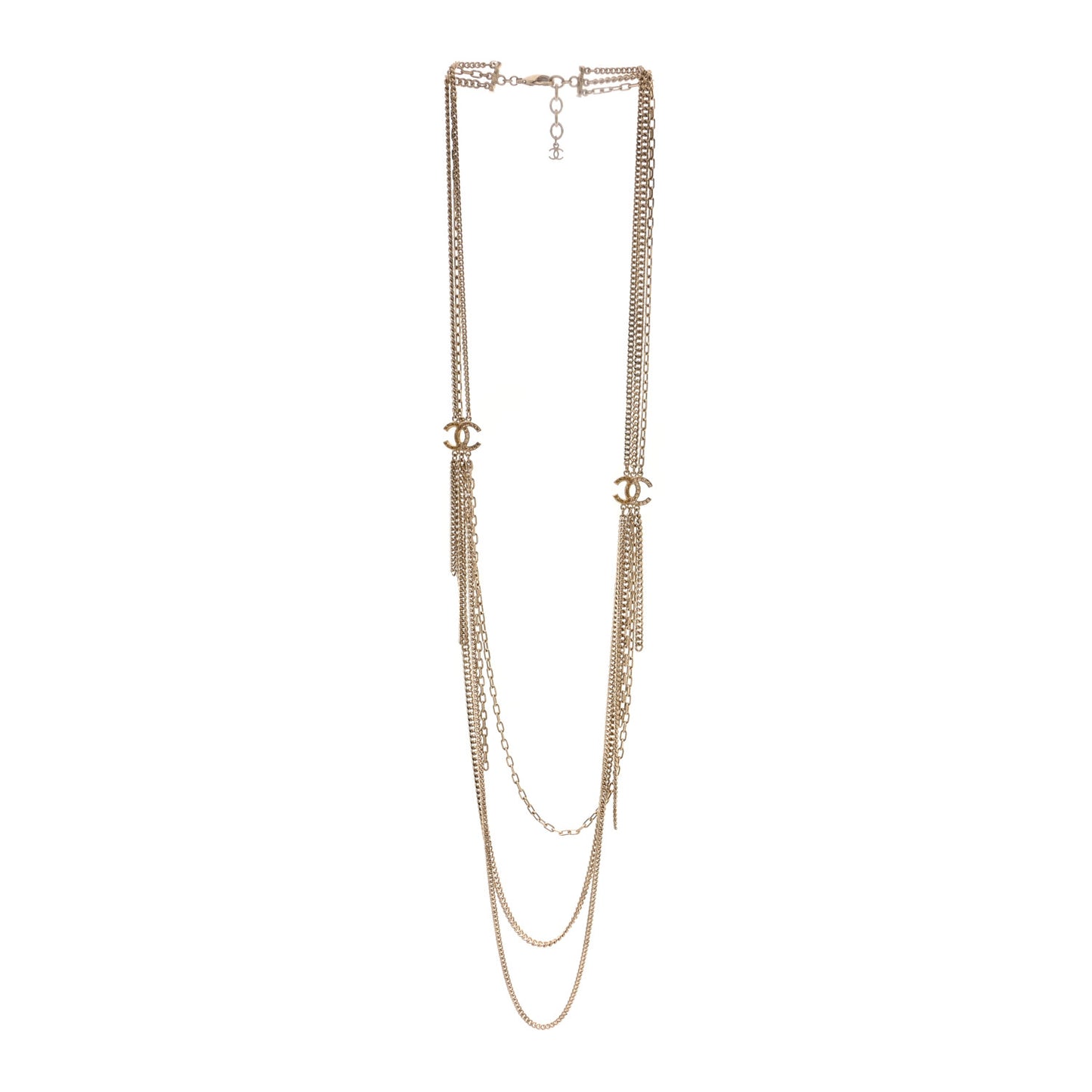 Baguette Crystal Gripoix Poured Glass CC Multi Strand Chain Necklace Light Gold