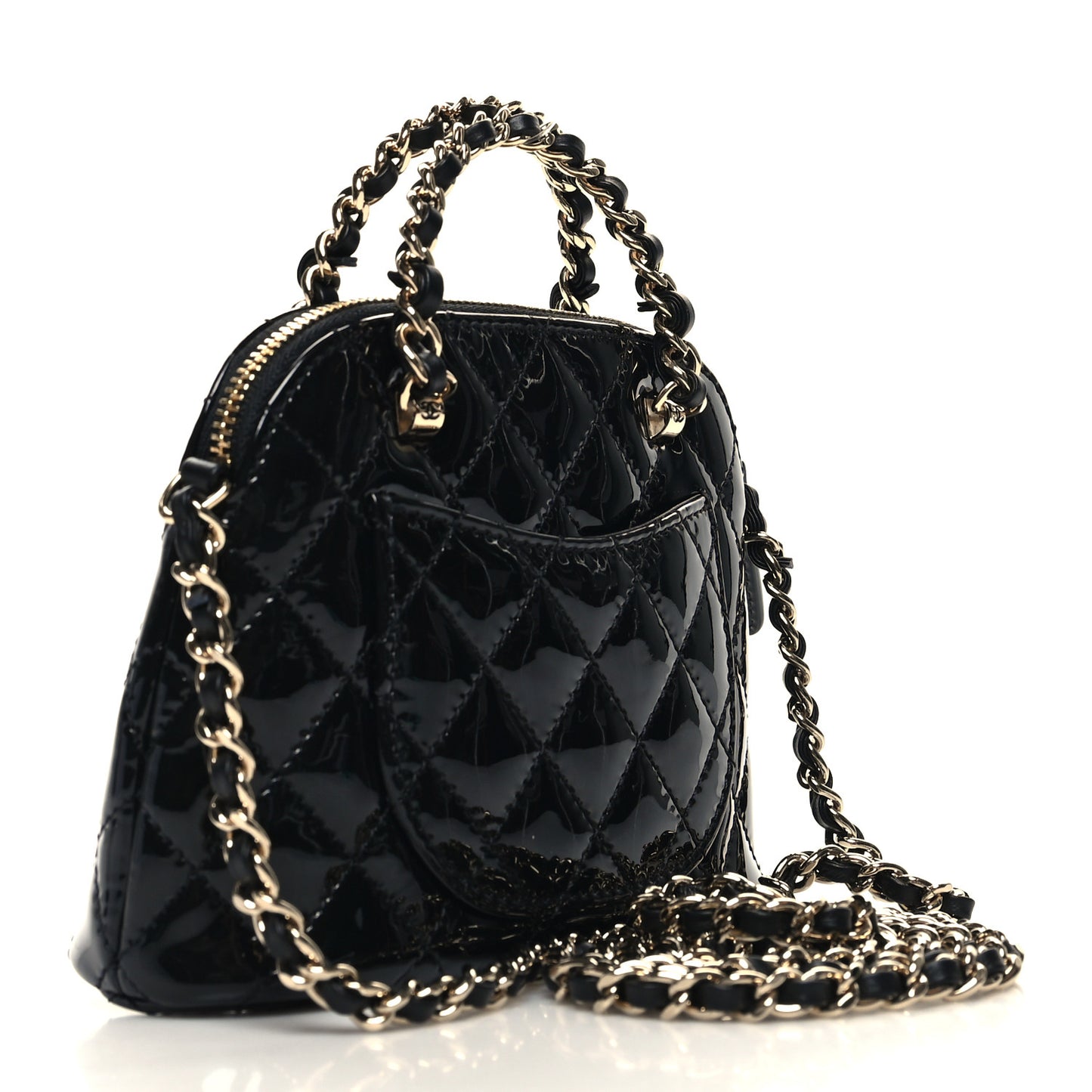 Patent Calfskin Quilted Shiny Coco Clutch With Chain Black