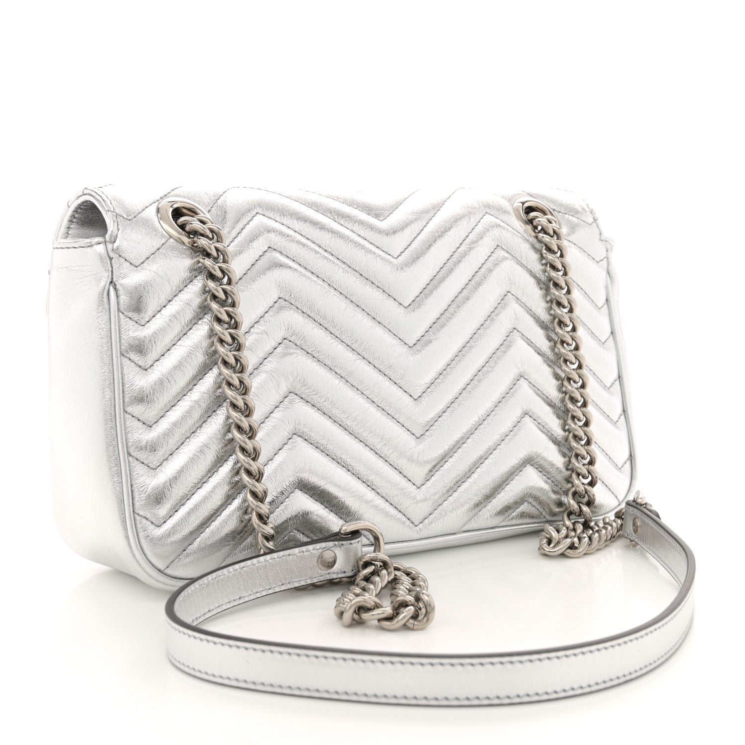 Gucci Metallic Calfskin Matelasse Small GG Marmont Shoulder Bag Silver 3 of 10