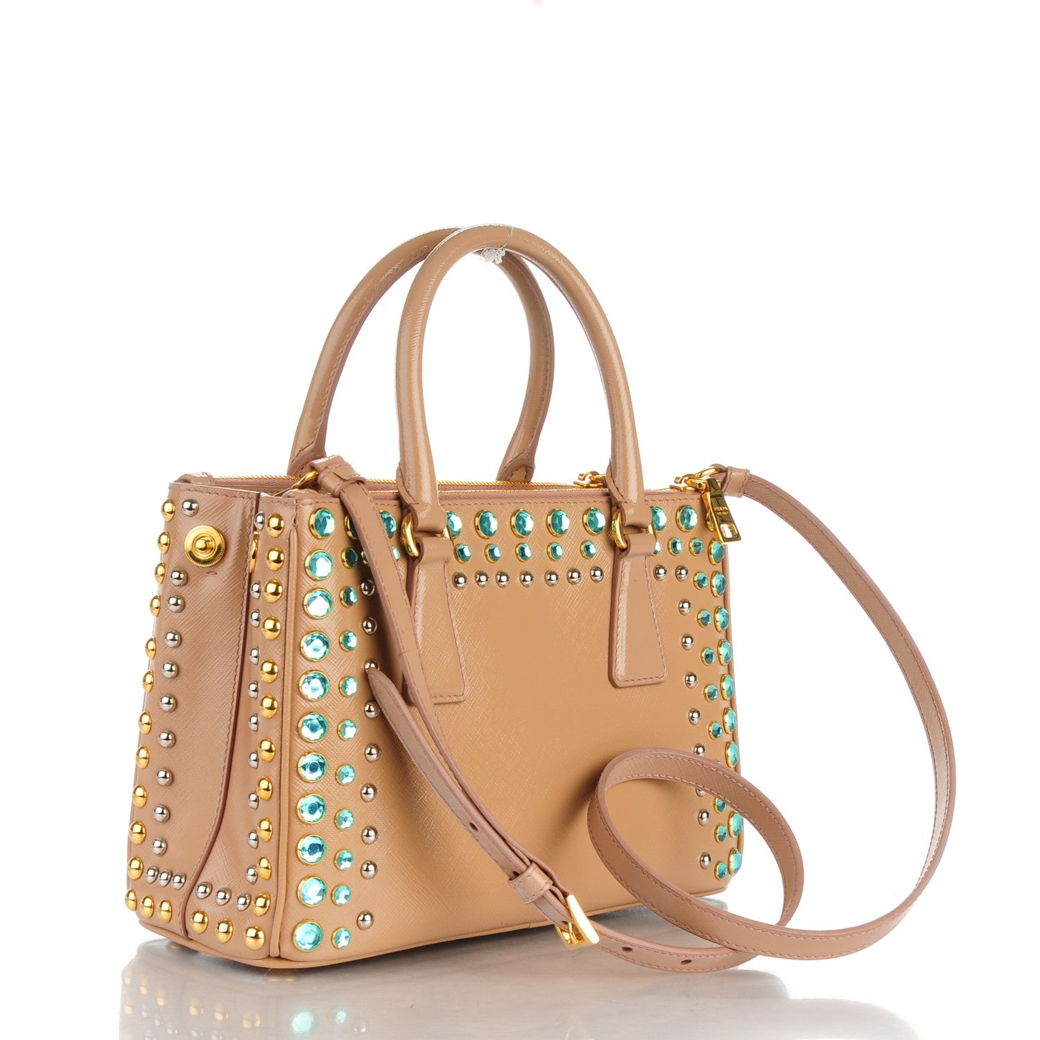 Prada Saffiano Vernice Studded Crystal Small Galleria Double Zip Tote Cammeo 3 of 9