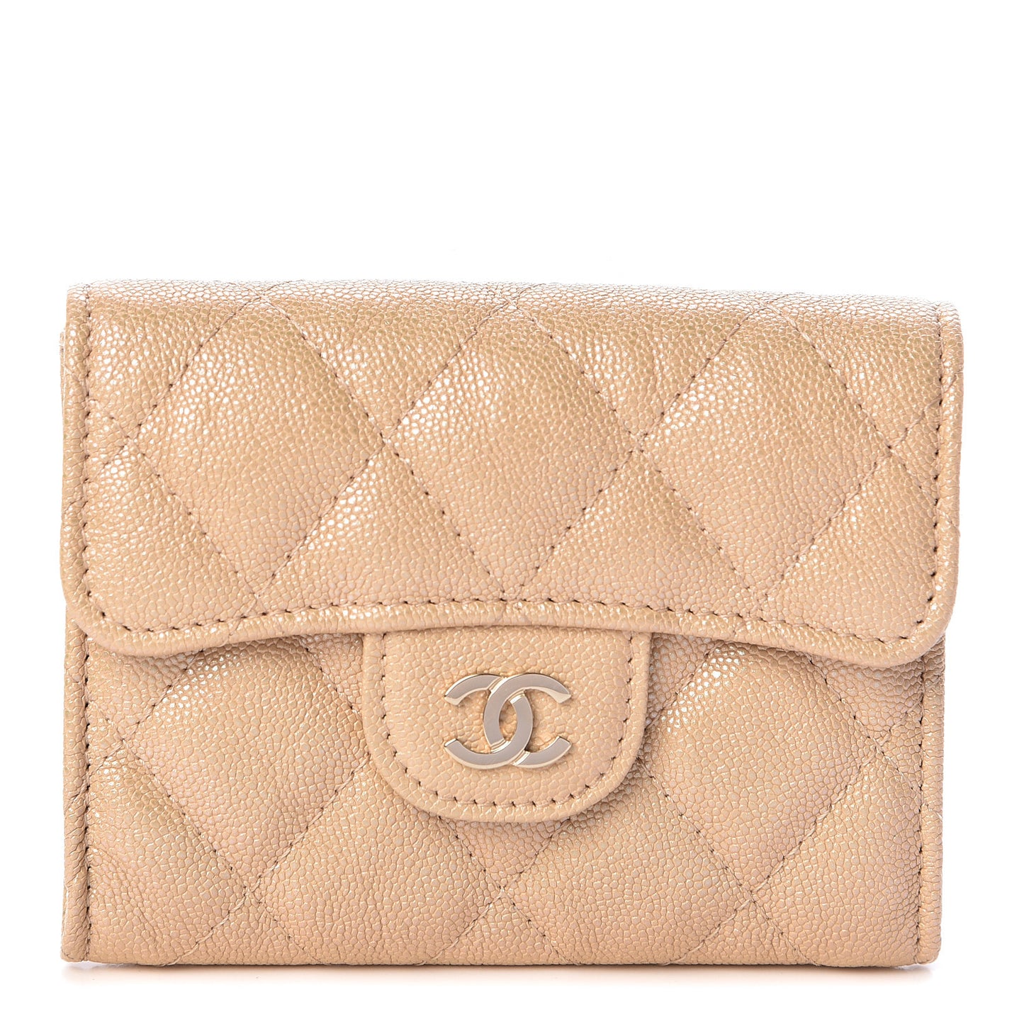 Iridescent Caviar Quilted Flap Card Holder Wallet Beige