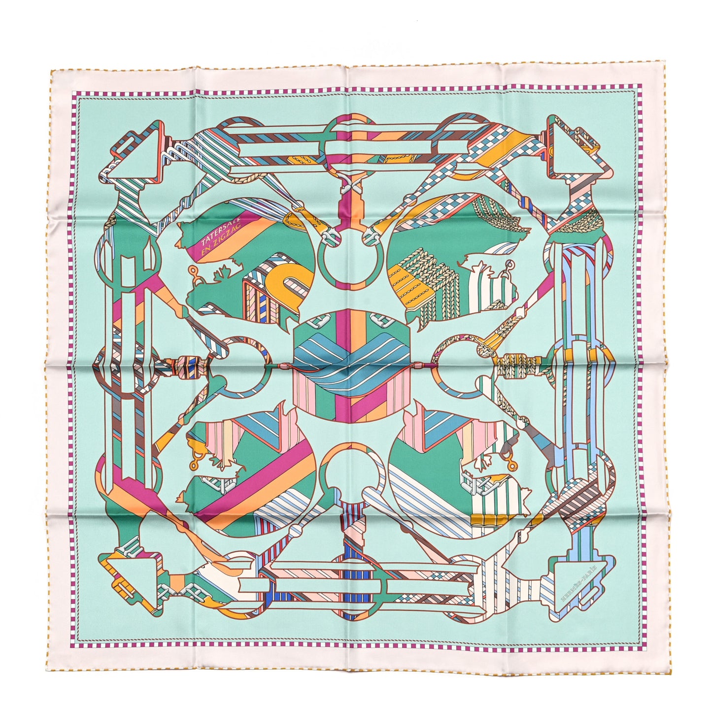 Silk Tatersale en Zig Zag Double Face Scarf 90 Vert D'Eau Emerald Fuchsia