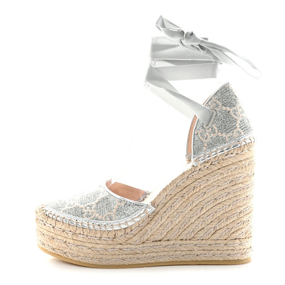 Gucci Lame GG Monogram Ankle Wrap Platform Espadrille Wedges 37 Silver Beige Light Grey 1 of 10