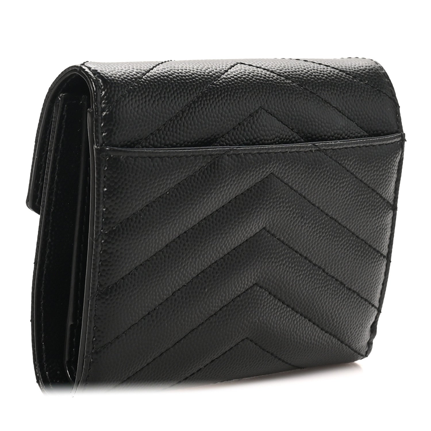 Saint Laurent Grain De Poudre Matelasse Chevron Monogram Compact Tri Fold Wallet Black 3 of 8