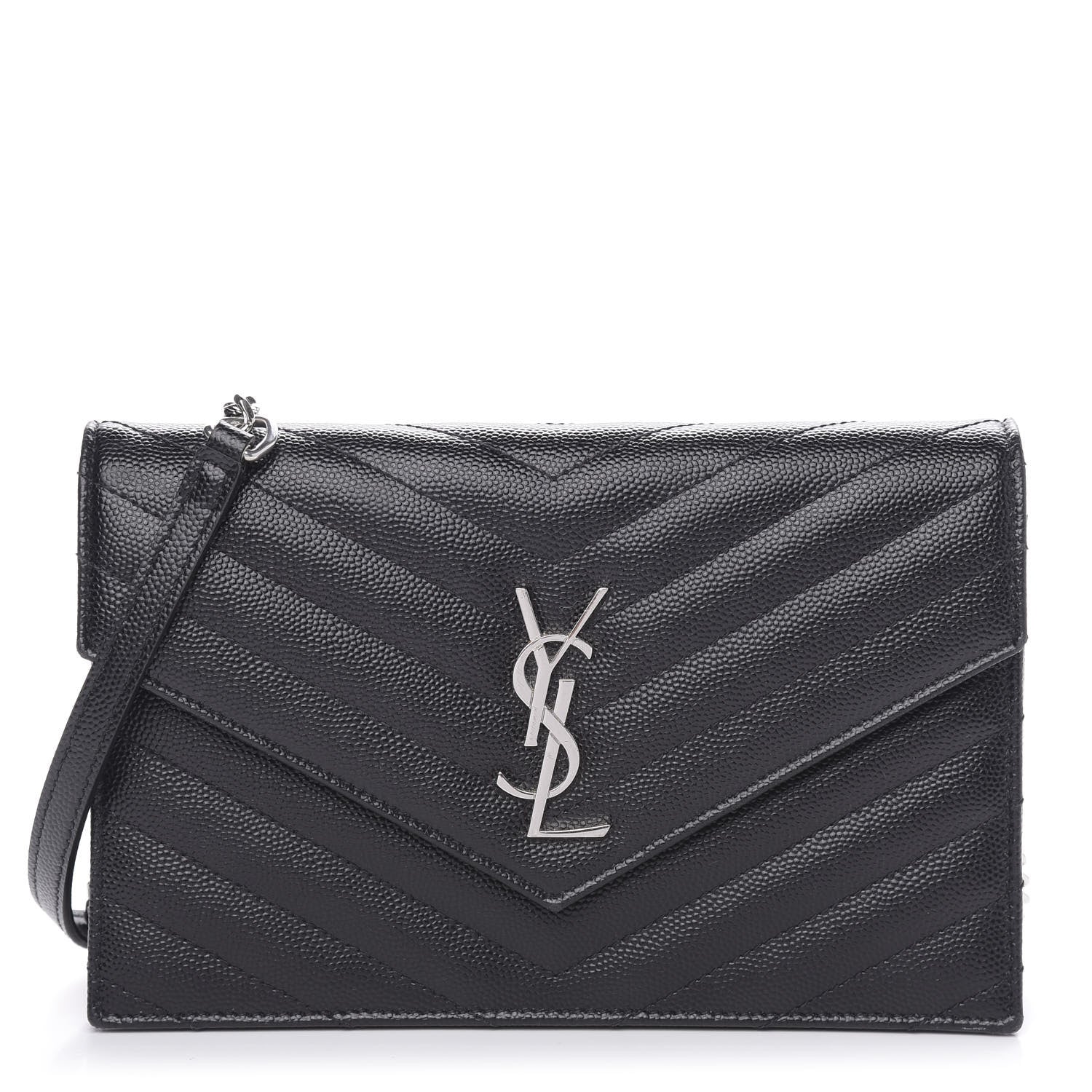 Saint Laurent Grain De Poudre Matelasse Chevron Monogram Envelope Chain Wallet Black 1 of 10