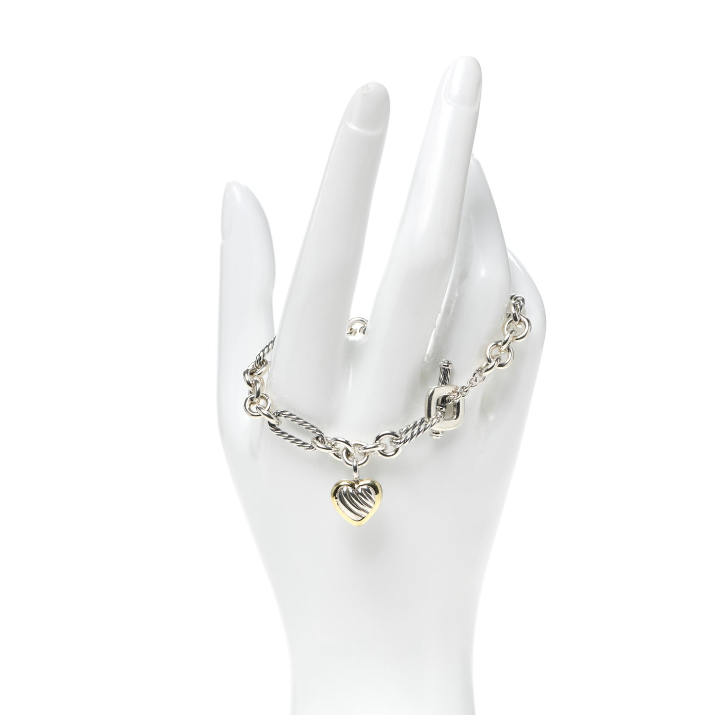 Sterling Silver 18K Yellow Gold Cable Heart Charm Bracelet