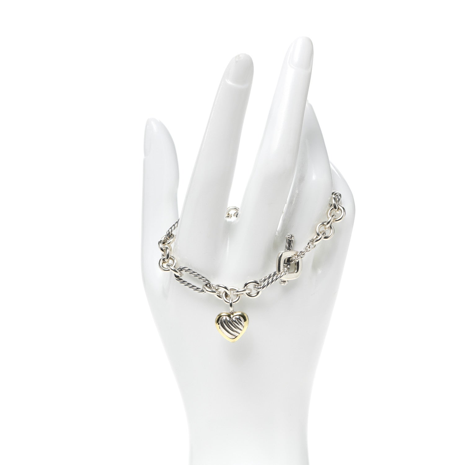 David Yurman Sterling Silver 18K Yellow Gold Cable Heart Charm Bracelet 2 of 4