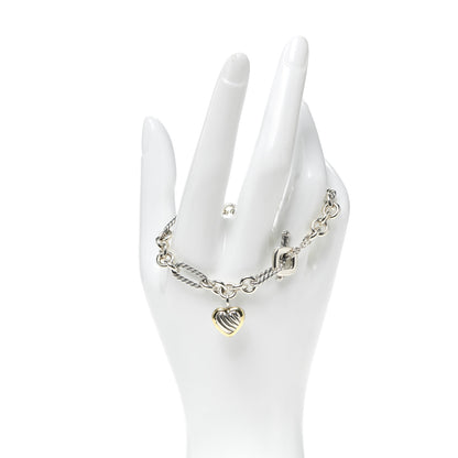 David Yurman Sterling Silver 18K Yellow Gold Cable Heart Charm Bracelet 2 of 4