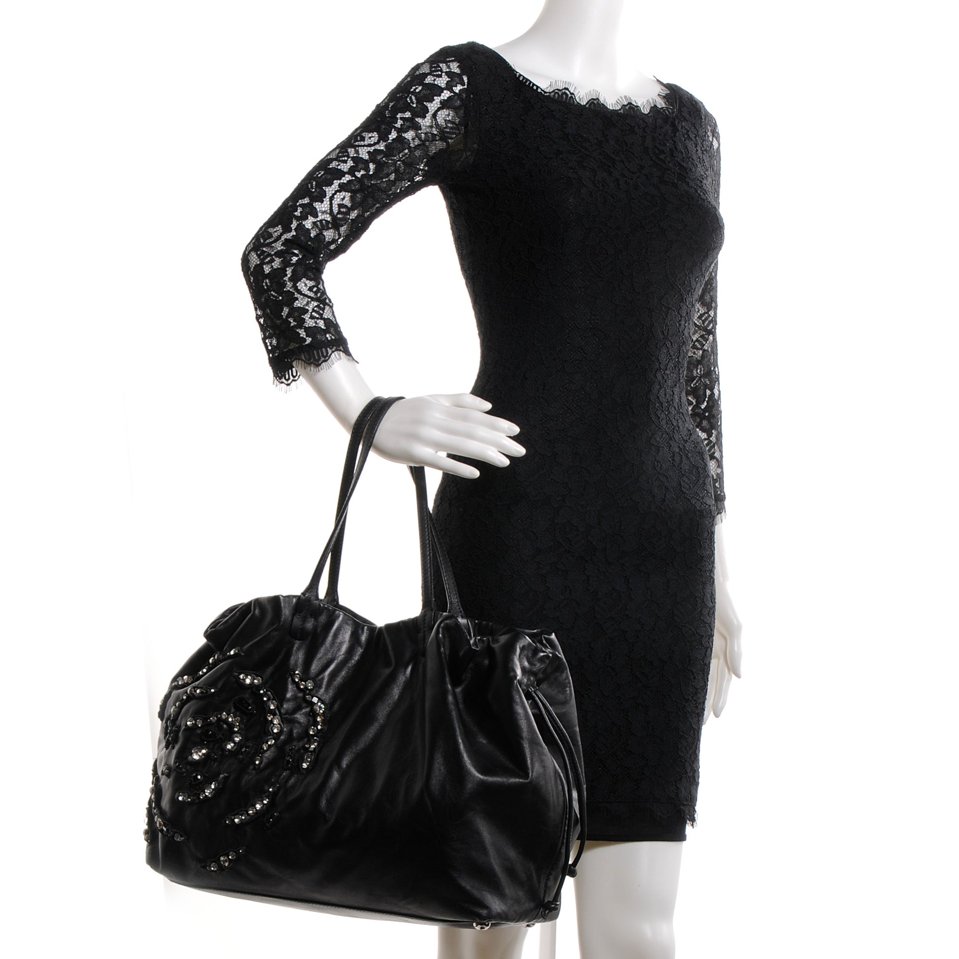 Valentino Garavani Nappa Leather Crystal Rose Glam Tote Black 2 of 8