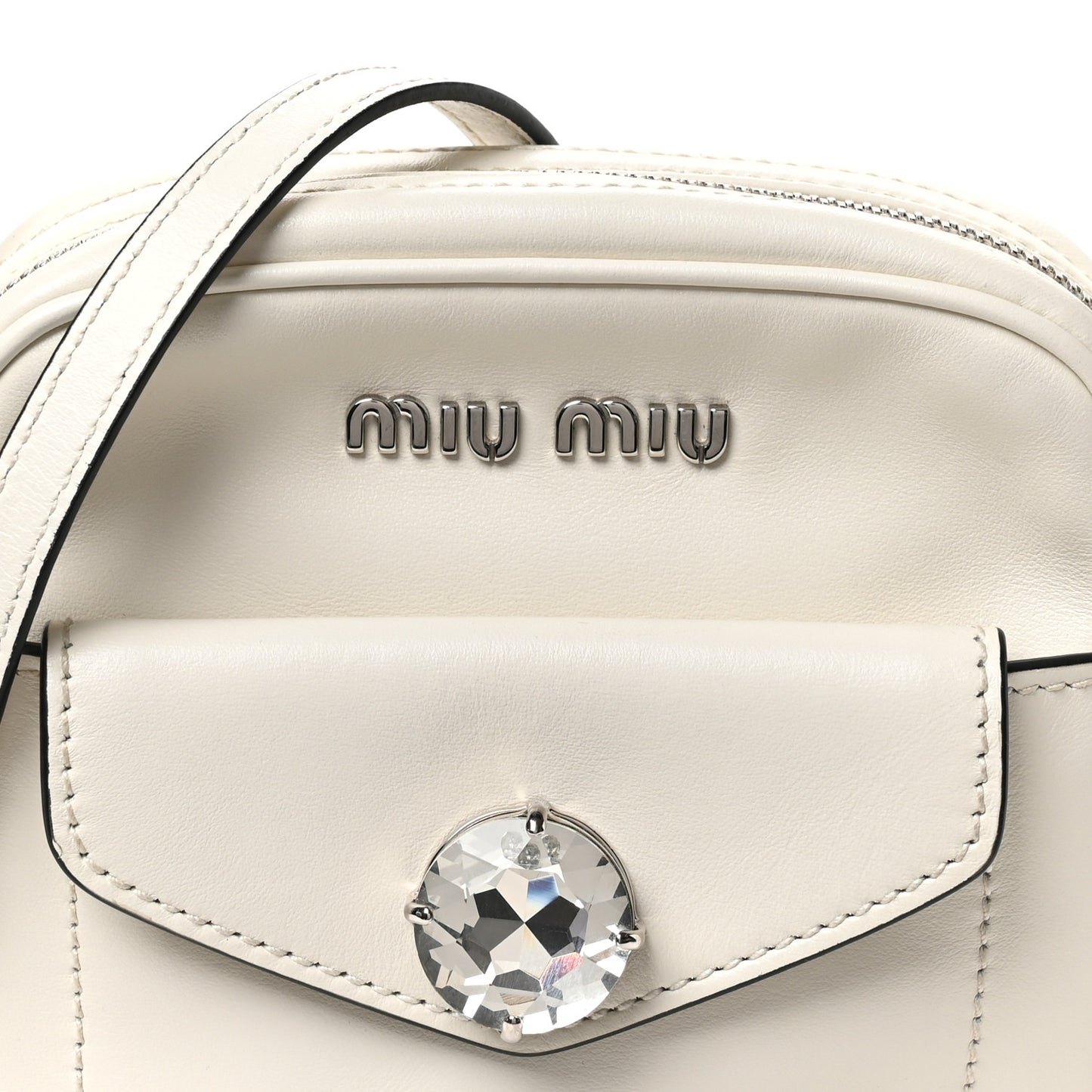 Vitello Soft Calfskin Crystal Embellished Solitaire Camera Bag White
