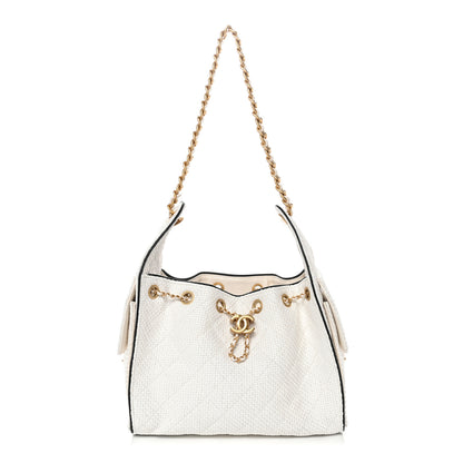 Chanel Braided Raffia Calfskin Quilted Small Chanel 25 Handbag White Black 1 of 10