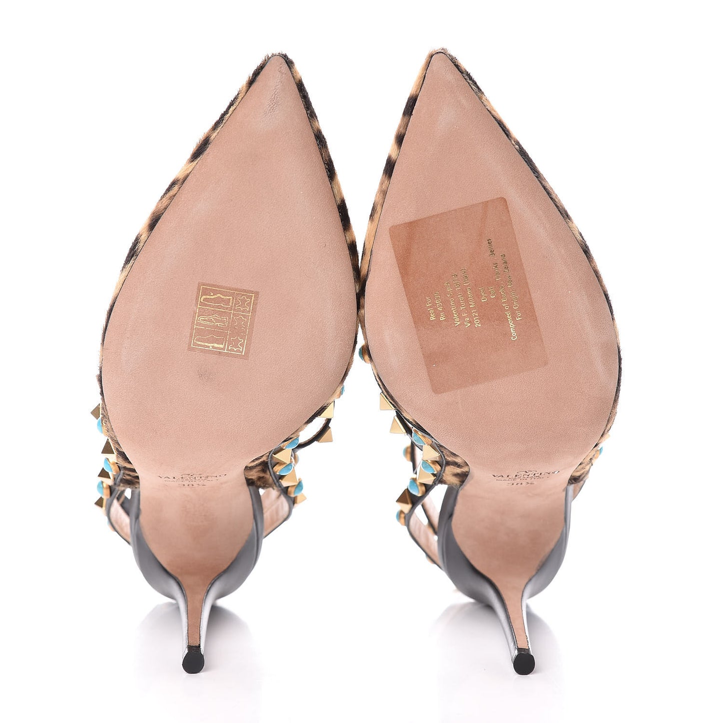 Calf Hair Leopard Print Rockstud Rolling Ankle Strap Pumps 38.5 Champagne Testa di Moro