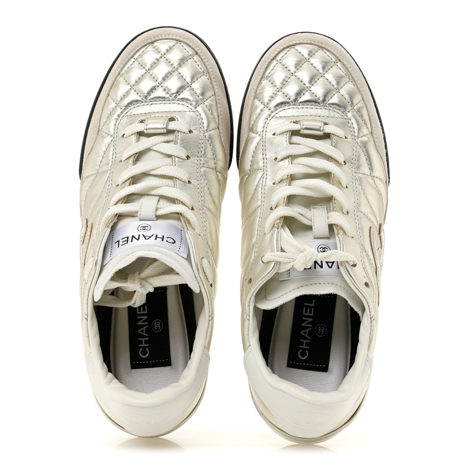 Chanel Laminated Calfskin Suede Quilted Womens CC Sneakers 39 Silver White Gray 2 of 10