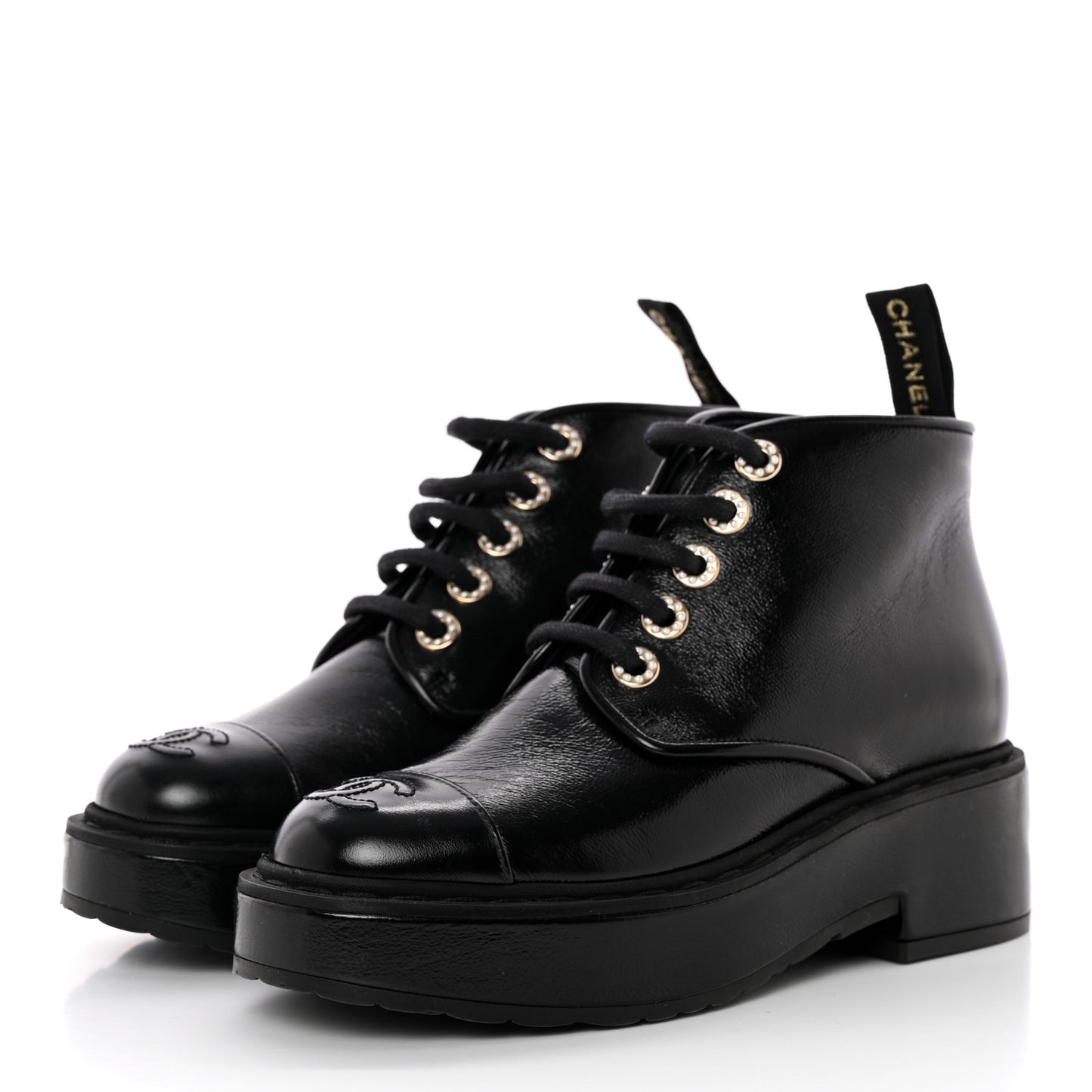 Shiny Calfskin Pearl Lace Up Combat Short Boots 35 Black