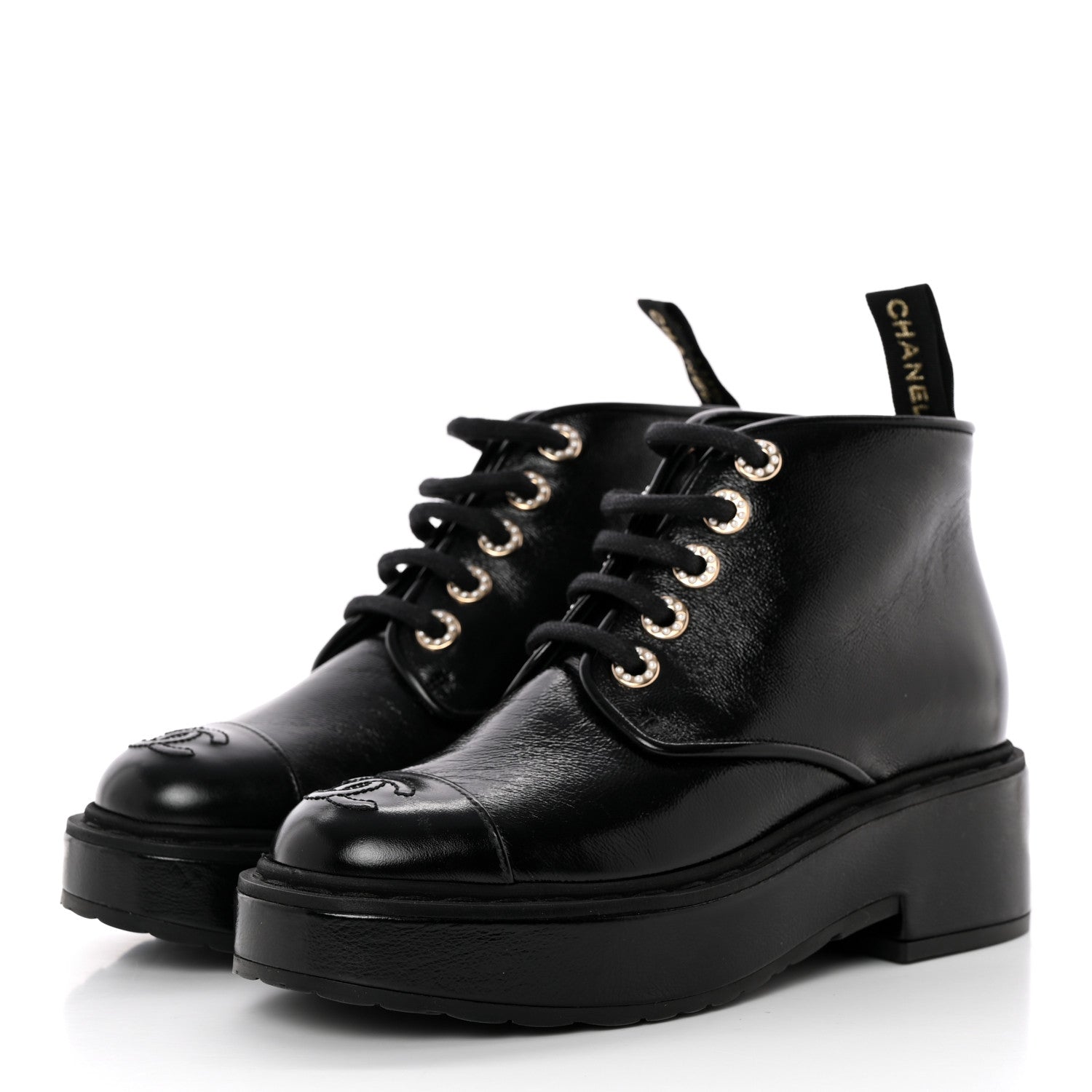 Chanel Shiny Calfskin Pearl Lace Up Combat Short Boots 35 Black 3 of 12