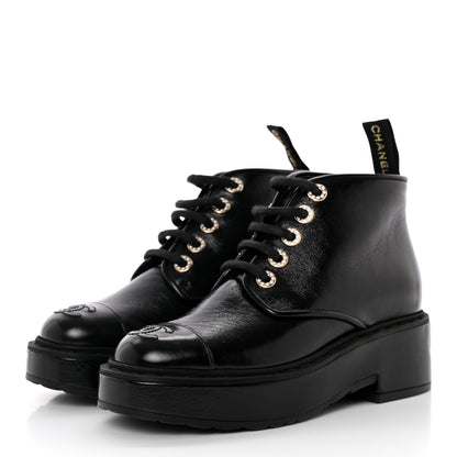 Chanel Shiny Calfskin Pearl Lace Up Combat Short Boots 35 Black 3 of 12