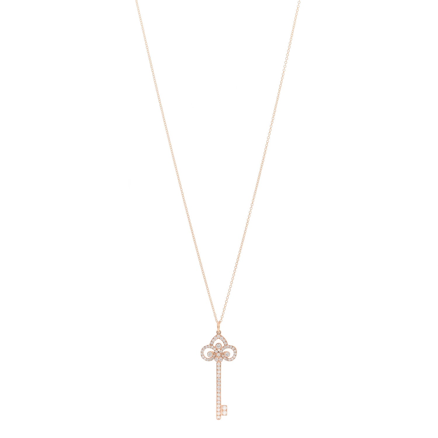 Tiffany 18K Rose Gold Diamond Fleur De Lis Key Pave Pendant Necklace 1 of 8