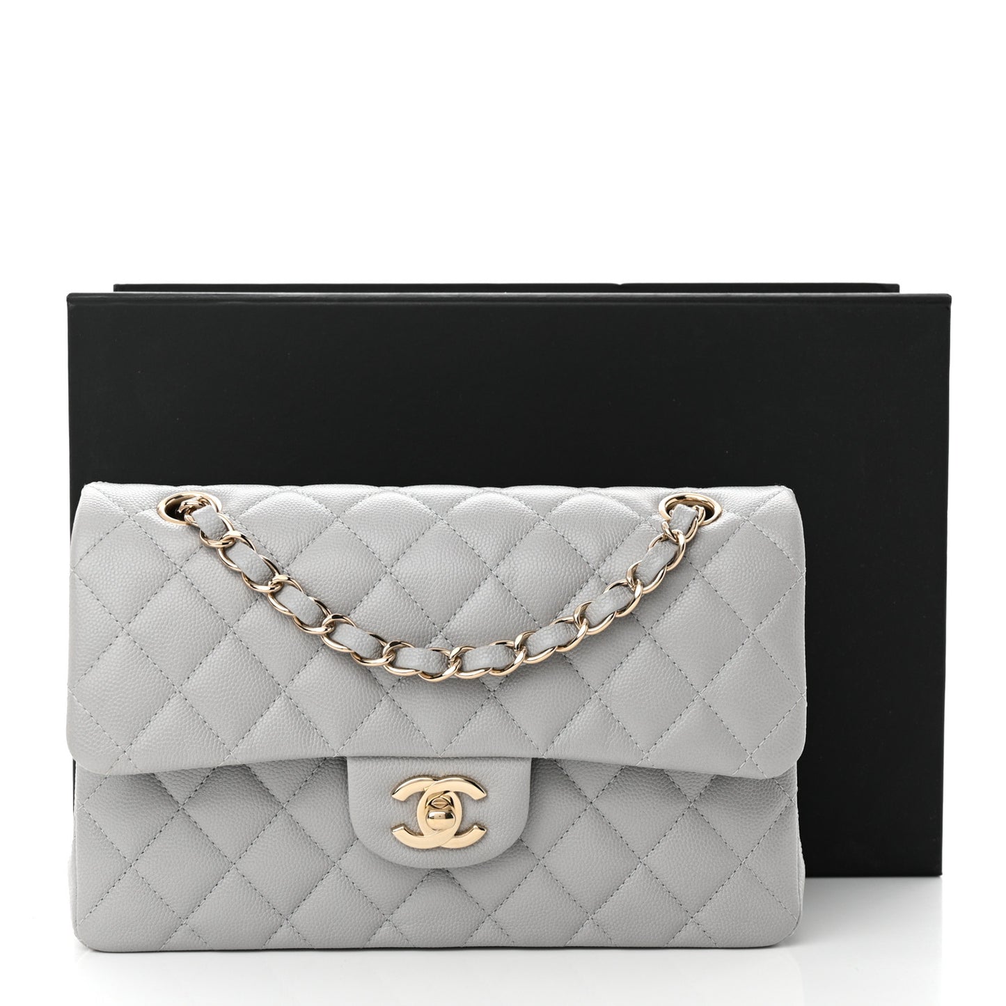 Caviar Quilted Small Double Flap Grey