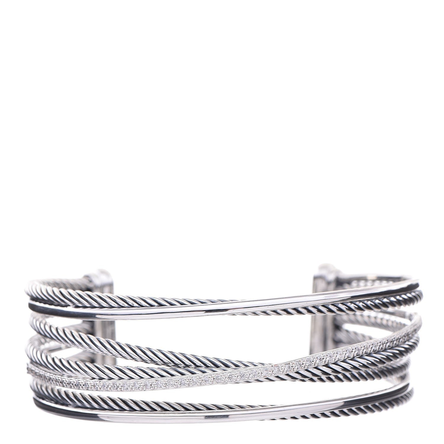 David Yurman Sterling Silver Diamond Crossover Four Row Cuff Bracelet 1 of 3