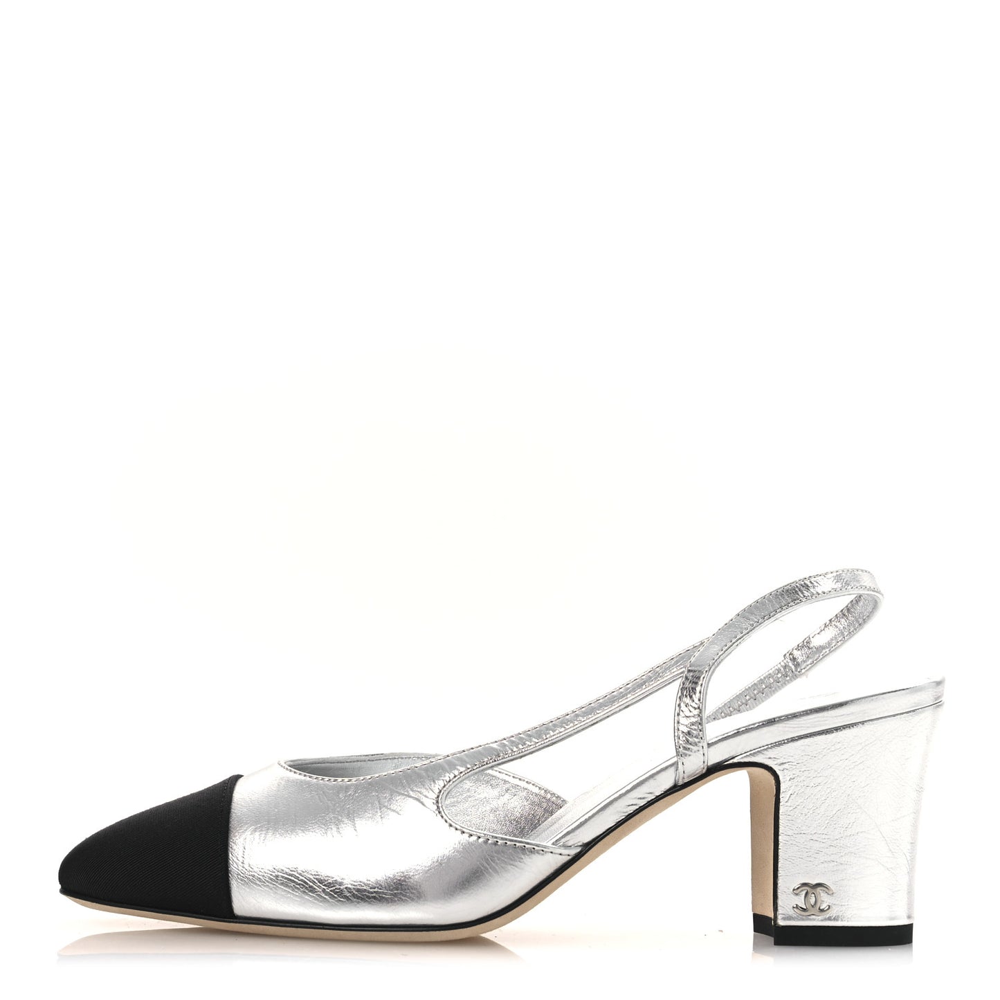 Laminated Crumpled Lambskin Grosgrain Cap Toe CC Slingback Pumps 37.5 Silver Black
