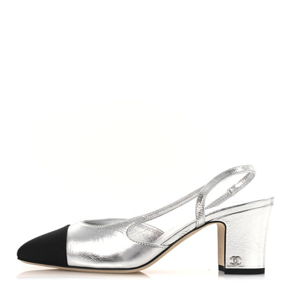 Chanel Laminated Crumpled Lambskin Grosgrain Cap Toe CC Slingback Pumps 37.5 Silver Black 1 of 12