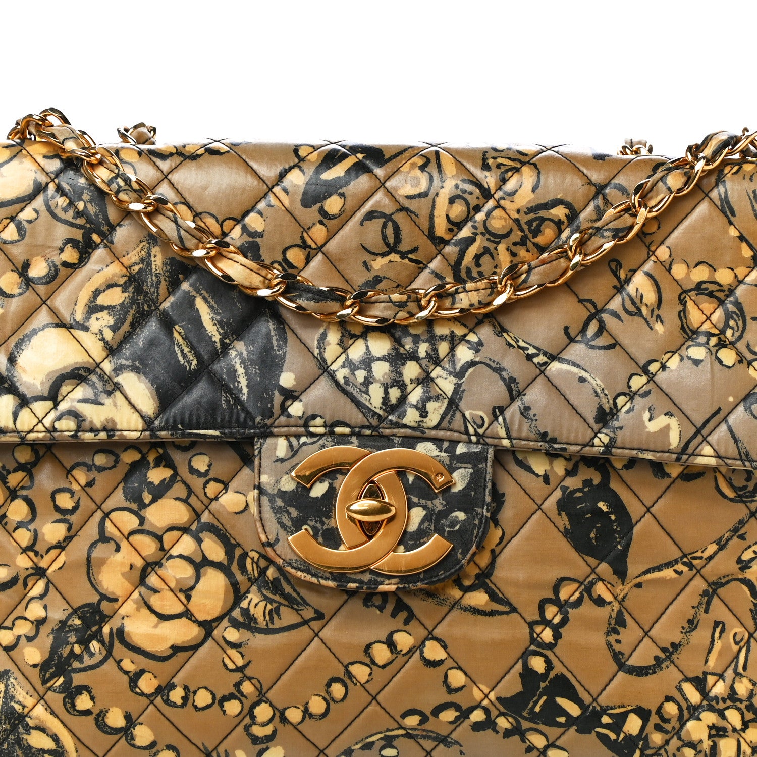 Chanel Coated Canvas Printed Quilted Medium Single Flap Black Beige Multicolor 6 of 16