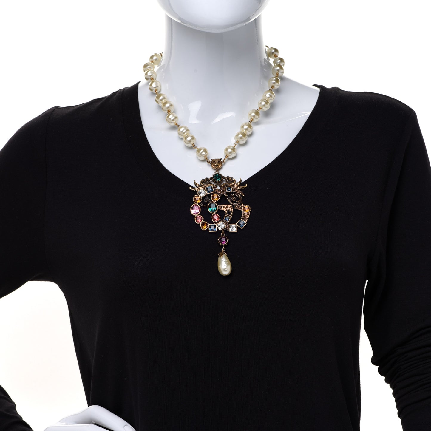 Crystal Pearl Marmont Dragon Necklace Aged Gold Multicolor