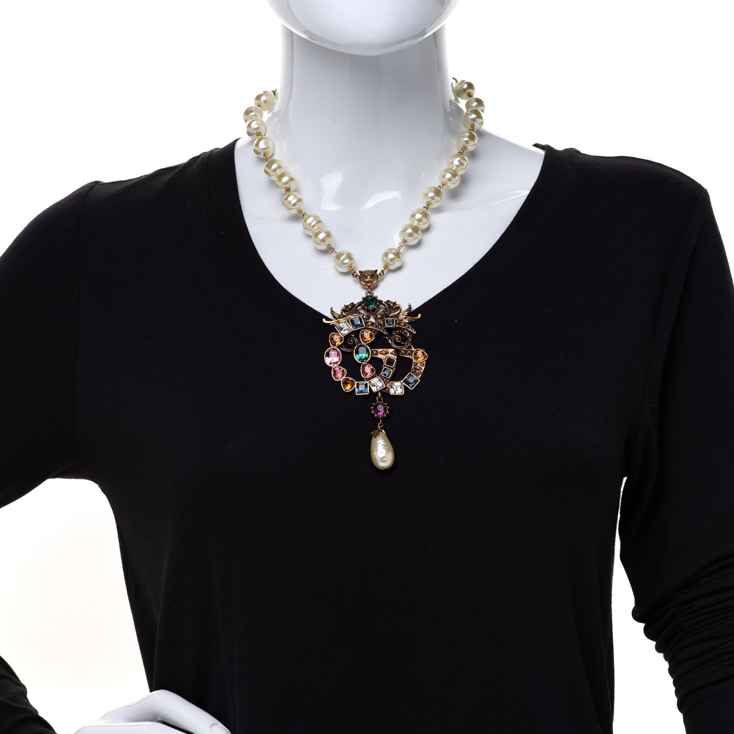 Gucci Crystal Pearl Marmont Dragon Necklace Aged Gold Multicolor 2 of 7