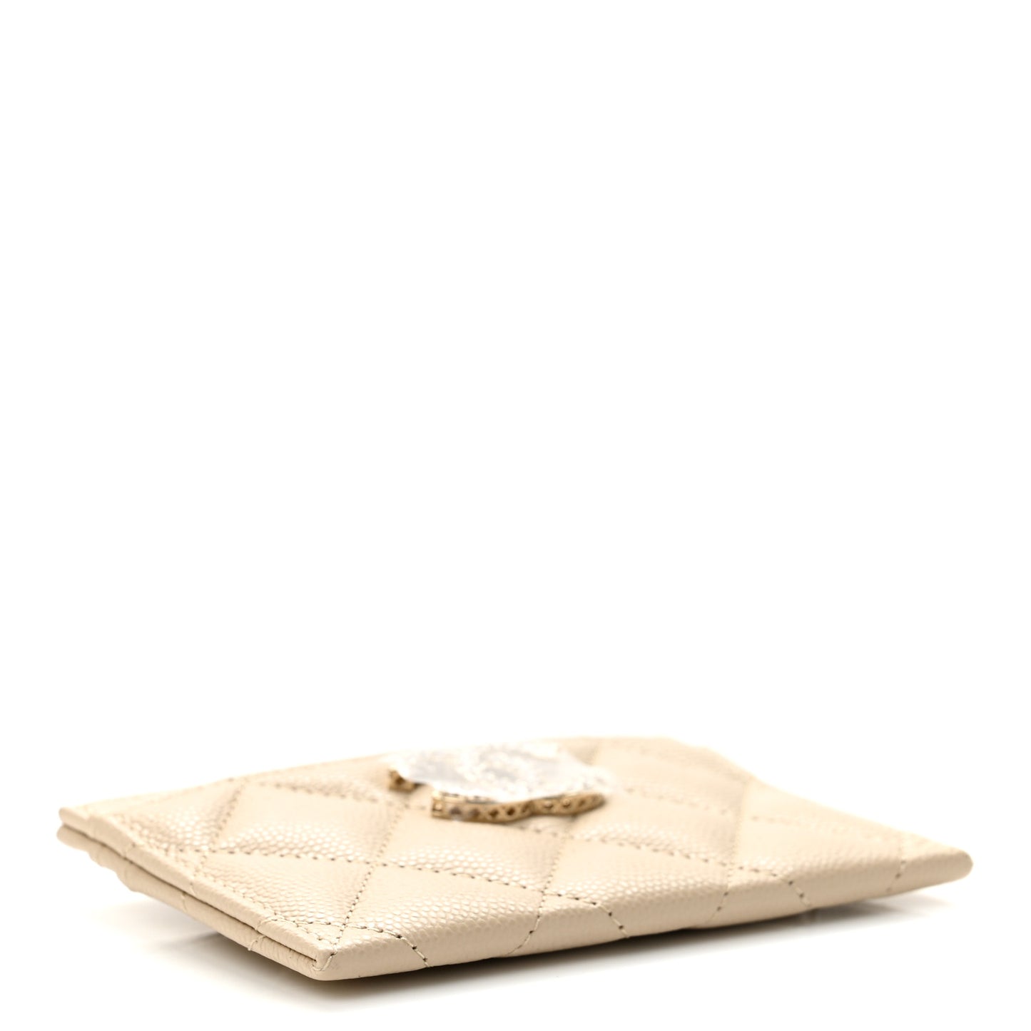 Caviar Quilted Crystal Card Holder Beige