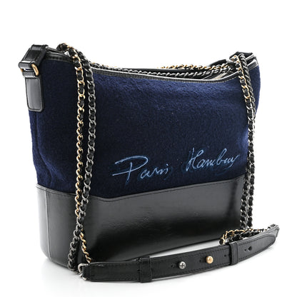 Chanel Calfskin Wool Embroidered Paris Hamburg Medium Gabrielle Hobo Dark Navy Blue 3 of 13