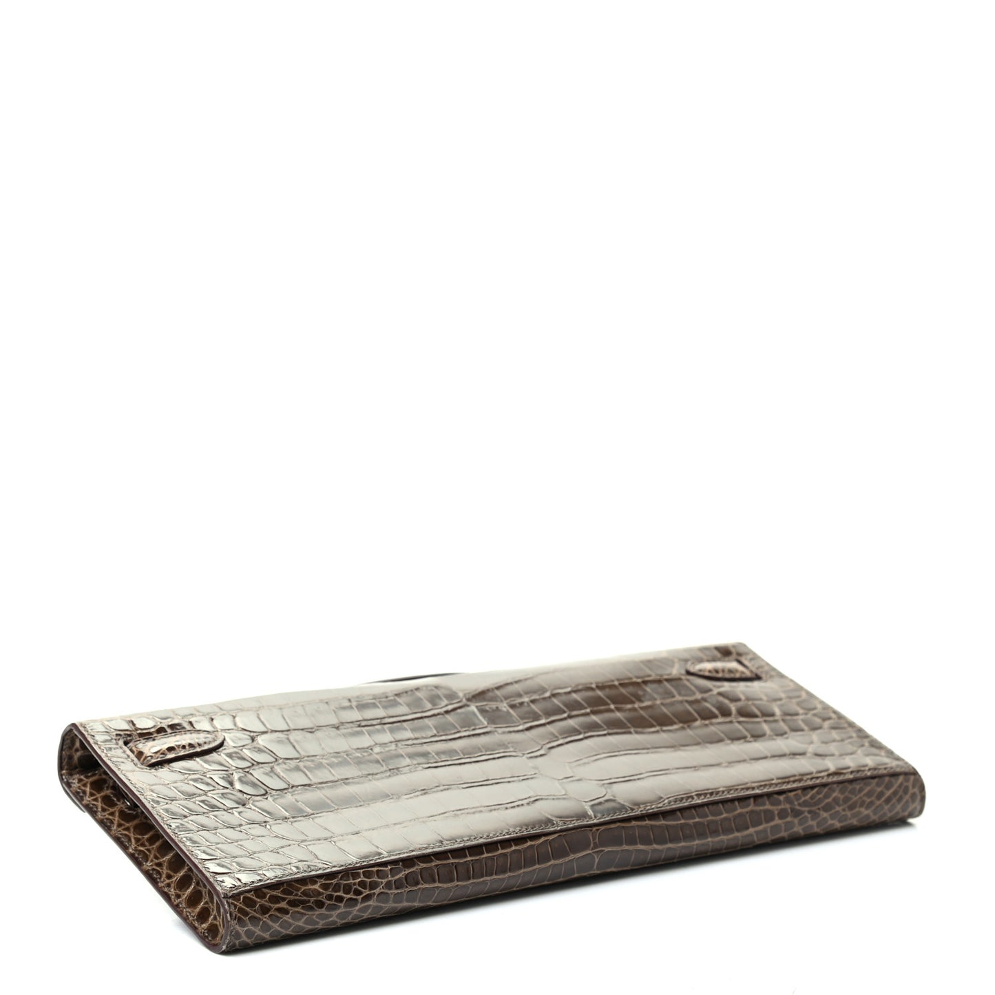 Shiny Porosus Crocodile Kelly Cut Pochette Gris Elephant